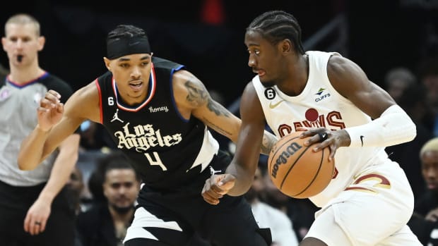 Cleveland Cavaliers guard Caris LeVert (3) drives to the basket against Los Angeles Clippers guard Brandon Boston Jr. (4) during the second half at Rocket Mortgage FieldHouse.